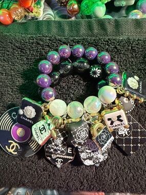 Purple, Black & White Beaded Charm Bracelet